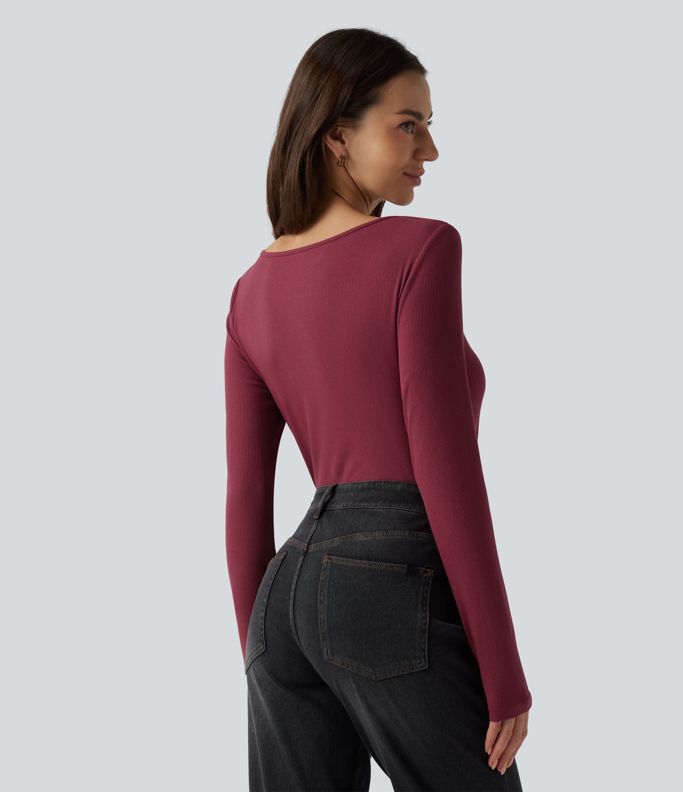 Ribbed Knit Boat Henley Neck Long Sleeve Casual Top