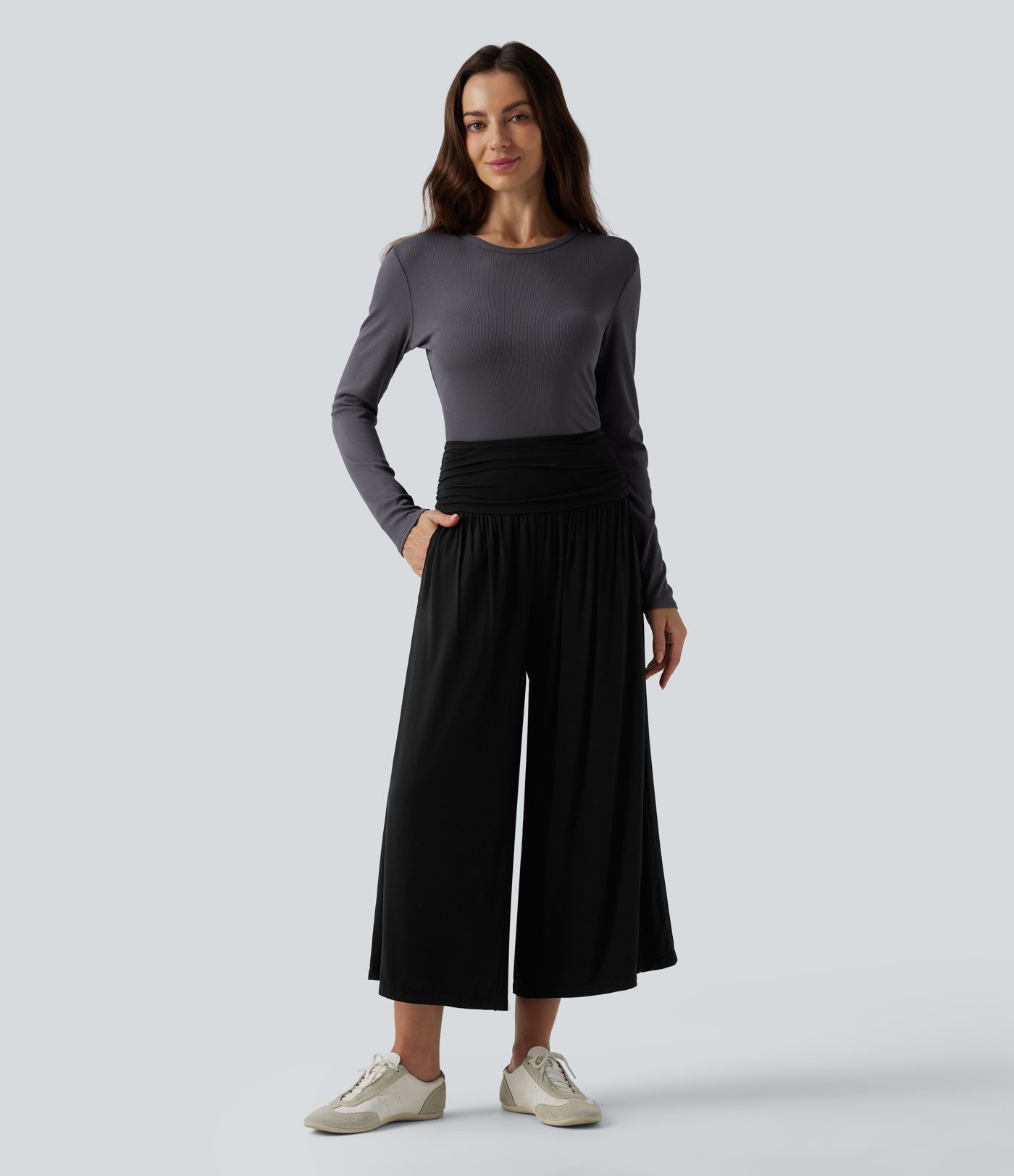 High Waisted Ruched Wide Leg Cropped Casual Trousers with Pockets