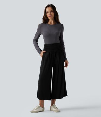 High Waisted Ruched Wide Leg Cropped Casual Trousers with Pockets