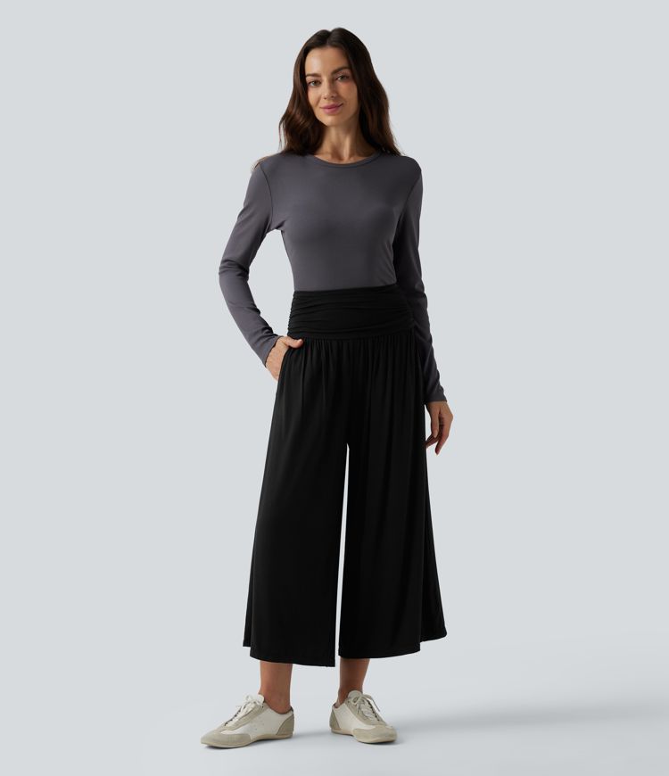 High Waisted Ruched Wide Leg Cropped Casual Trousers with Pockets