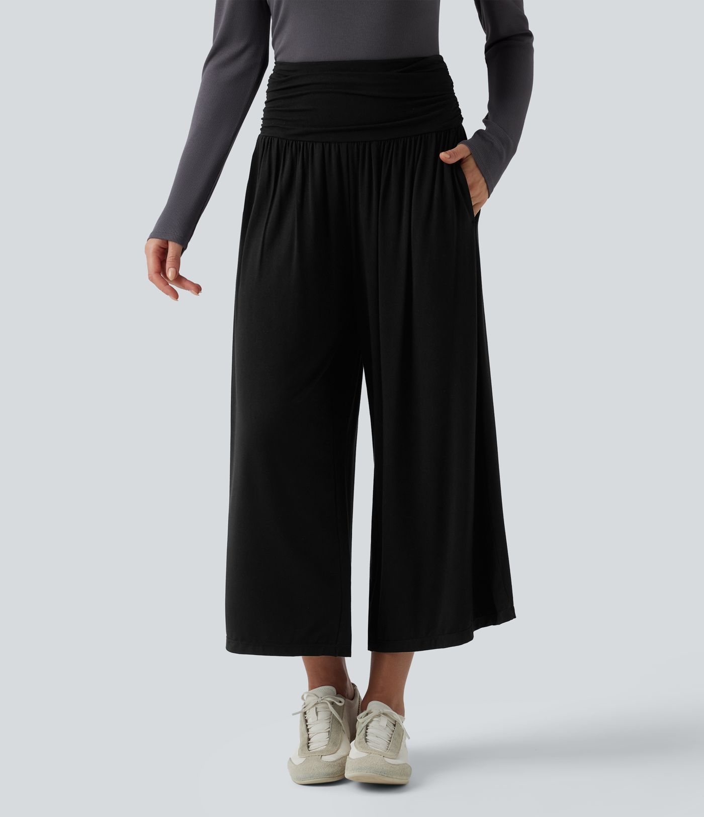 High Waisted Ruched Wide Leg Cropped Casual Trousers with Pockets