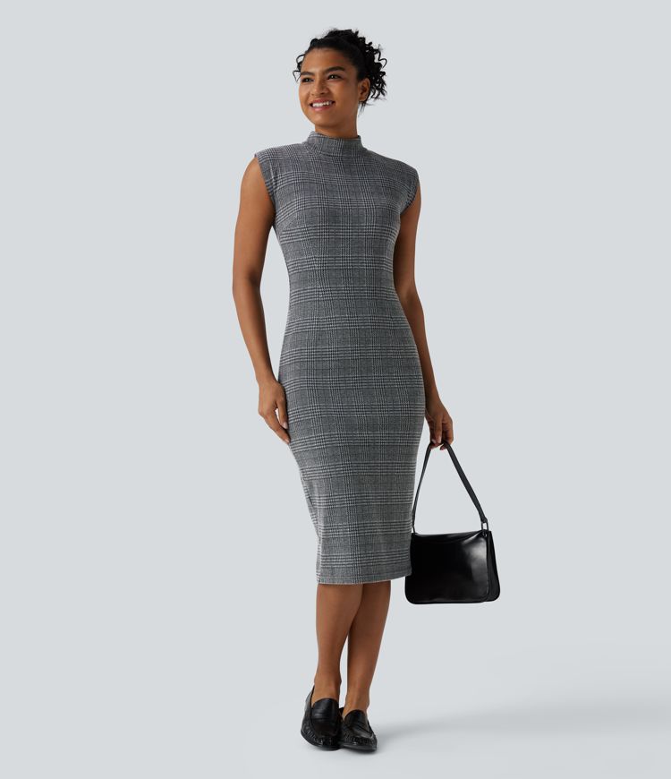Midi darbo suknelė, kūno siluetą pabrėžianti, be rankovių, su aukšta apykakle ir šuniuko danties raštu (houndstooth)