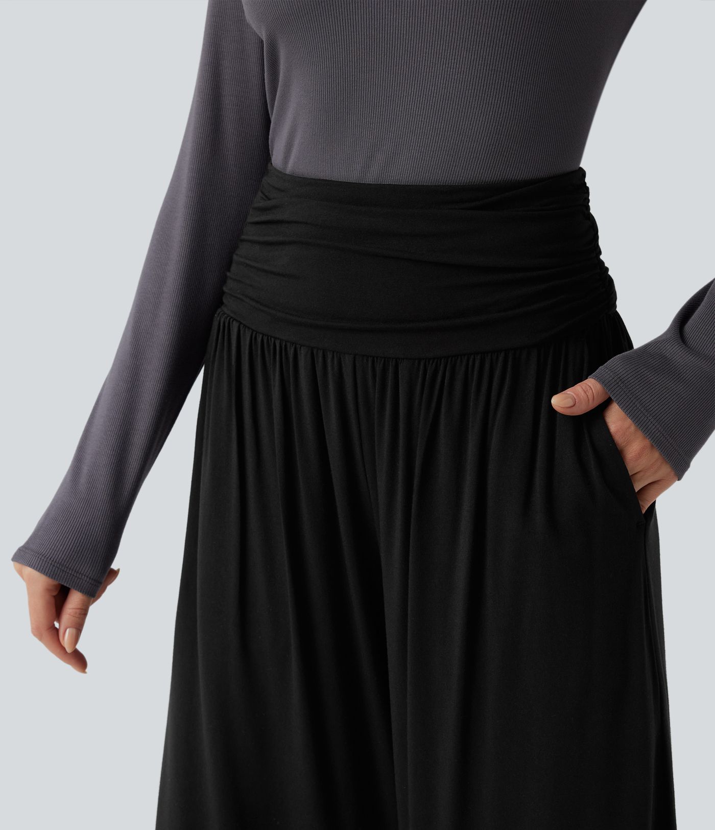 High Waisted Ruched Wide Leg Cropped Casual Trousers with Pockets