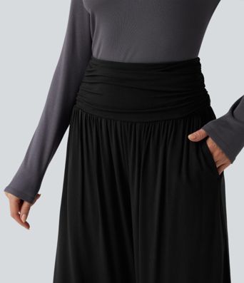 High Waisted Ruched Wide Leg Cropped Casual Trousers with Pockets