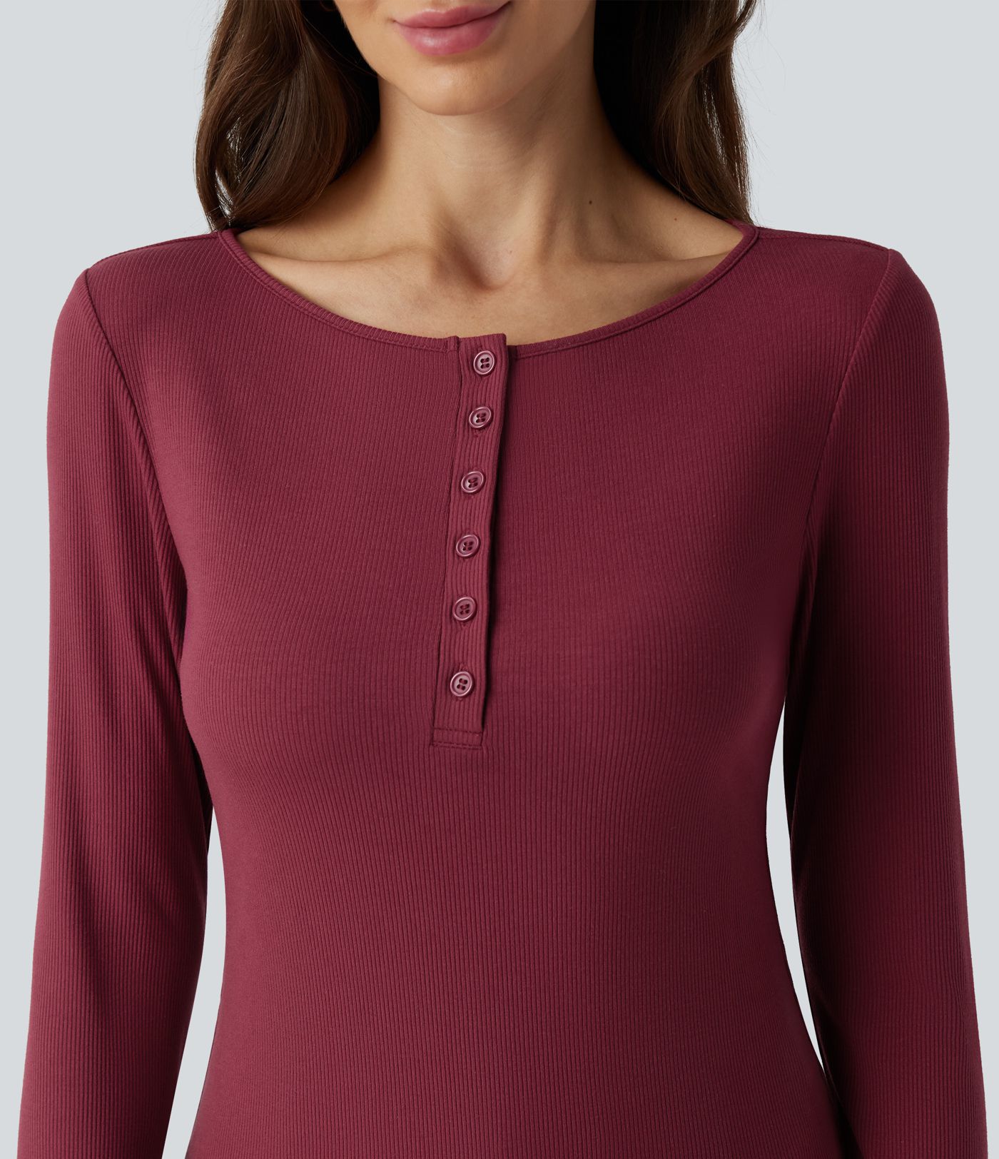 Ribbed Knit Boat Henley Neck Long Sleeve Casual Top