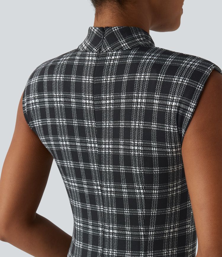 High Neck Sleeveless Bodycon Houndstooth Plaid Midi Work Dress