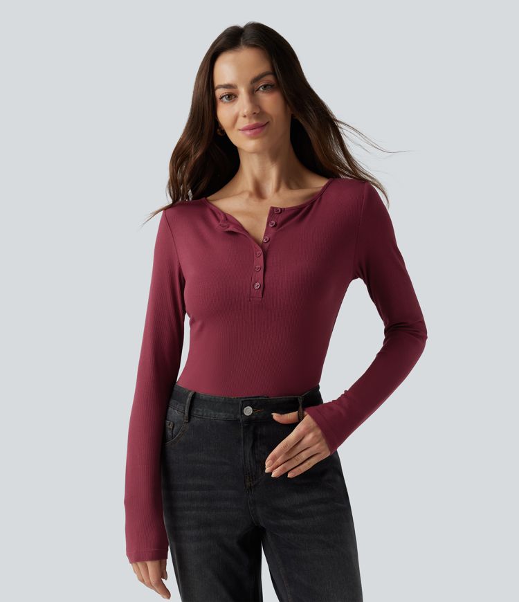 Ribbed Knit Boat Henley Neck Long Sleeve Casual Top