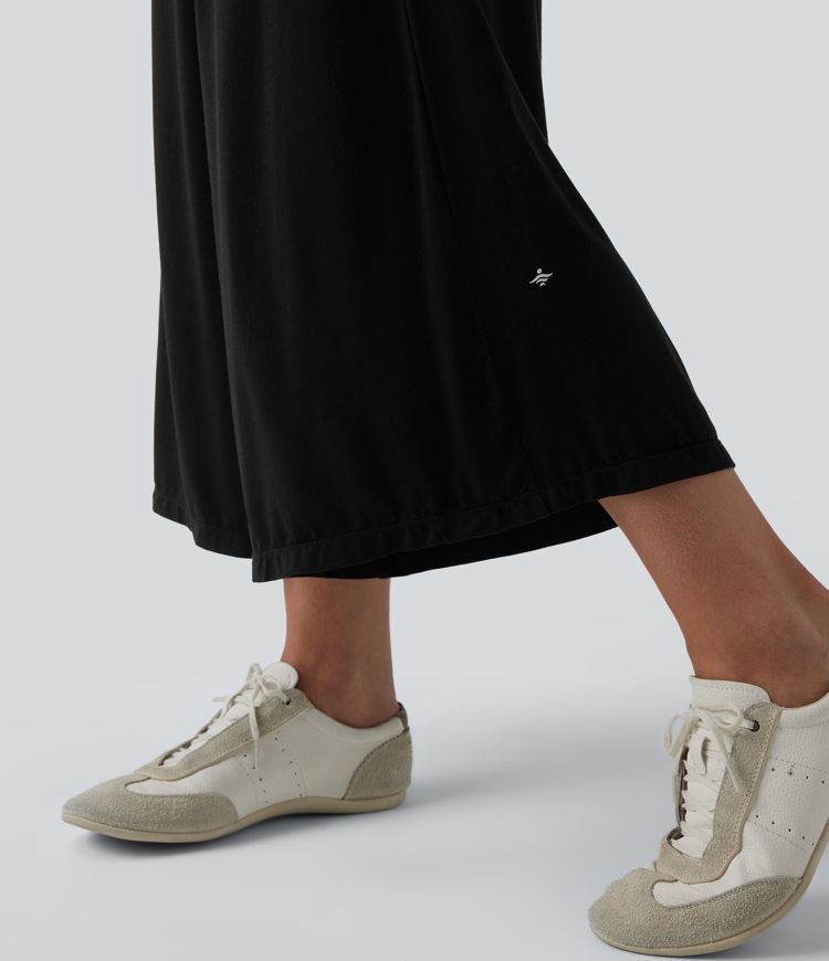 High Waisted Ruched Wide Leg Cropped Casual Trousers with Pockets