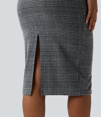 Midi darbo suknelė, kūno siluetą pabrėžianti, be rankovių, su aukšta apykakle ir šuniuko danties raštu (houndstooth)