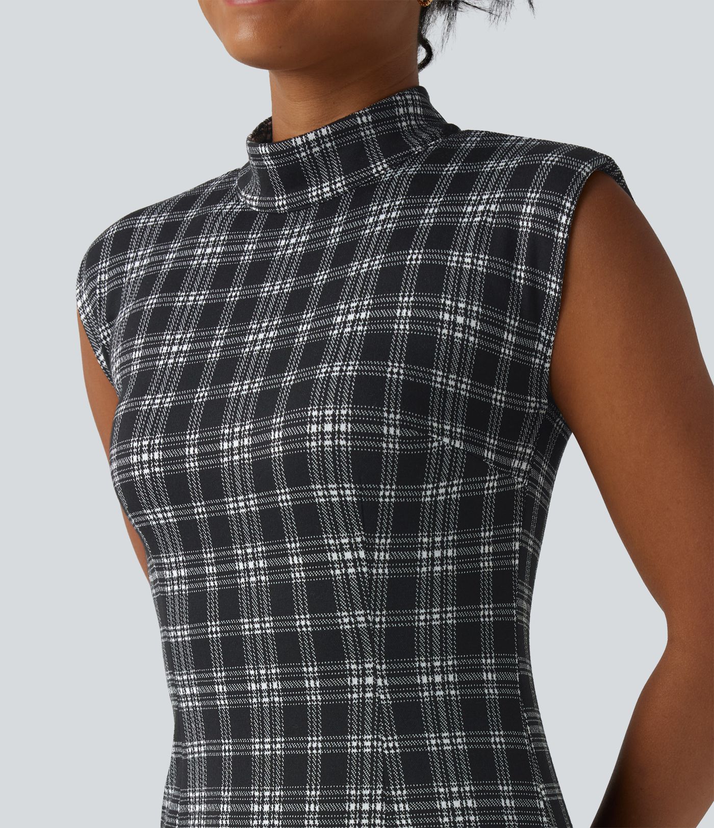 High Neck Sleeveless Bodycon Houndstooth Plaid Midi Work Dress