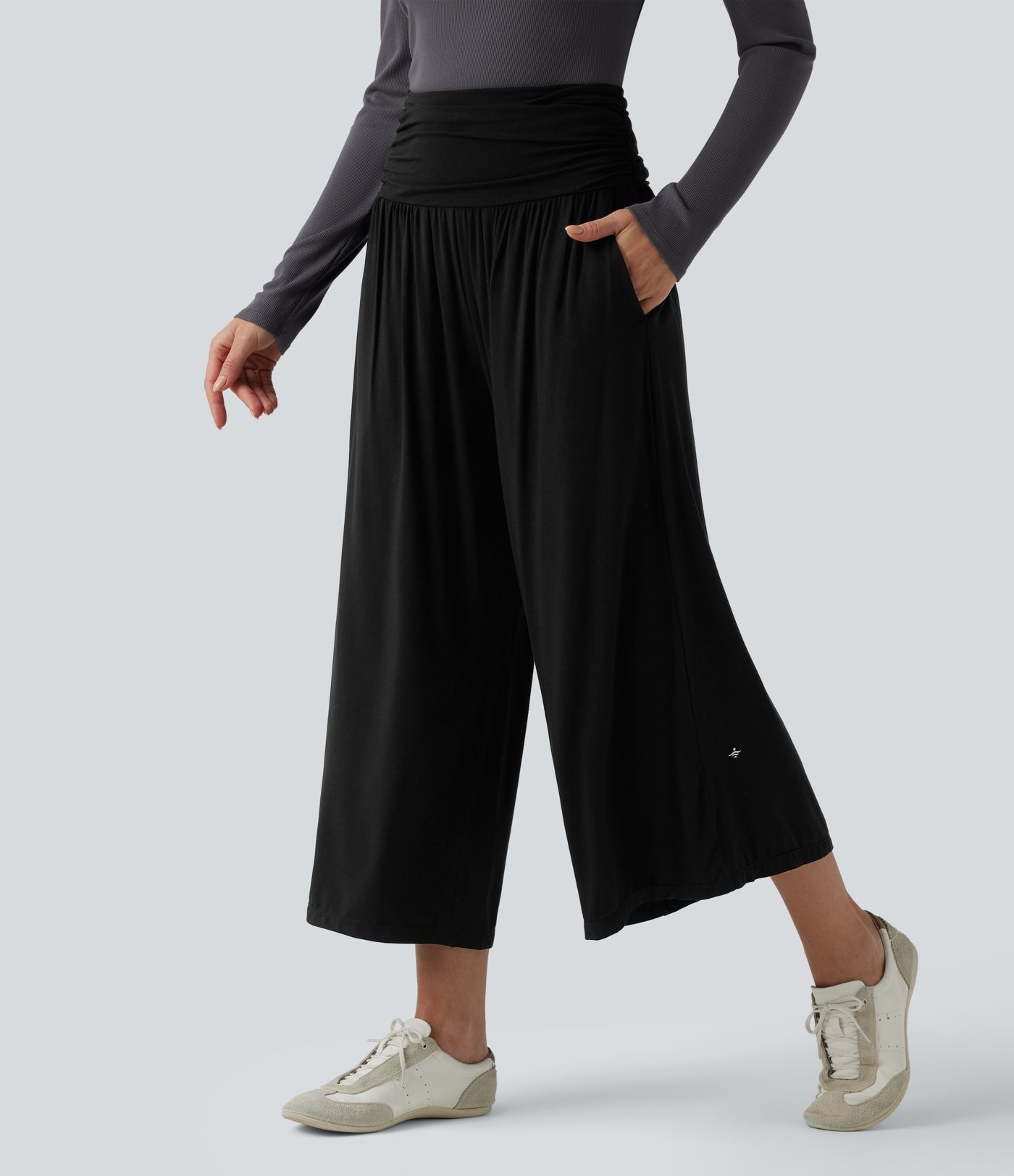 High Waisted Ruched Wide Leg Cropped Casual Trousers with Pockets