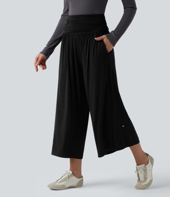 High Waisted Ruched Wide Leg Cropped Casual Trousers with Pockets