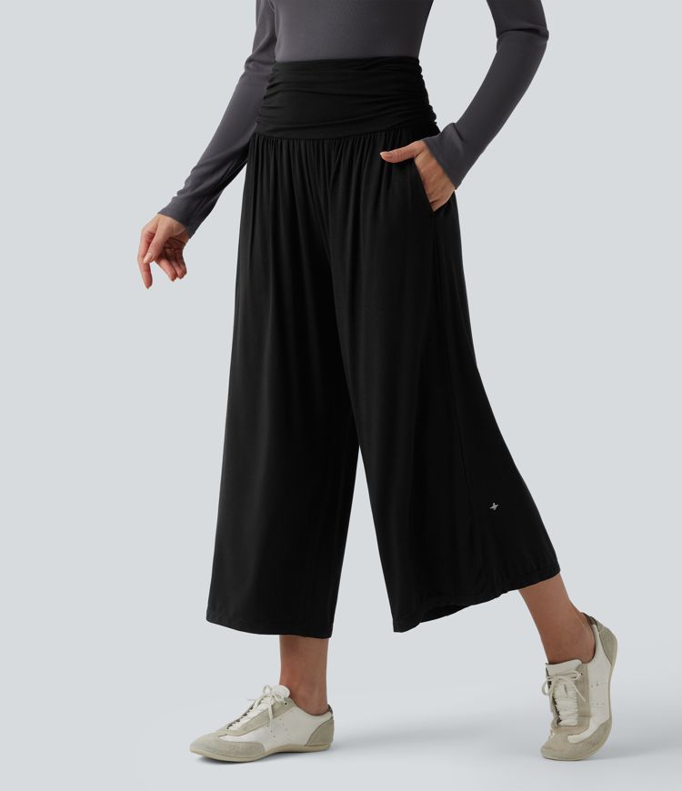 High Waisted Ruched Wide Leg Cropped Casual Trousers with Pockets