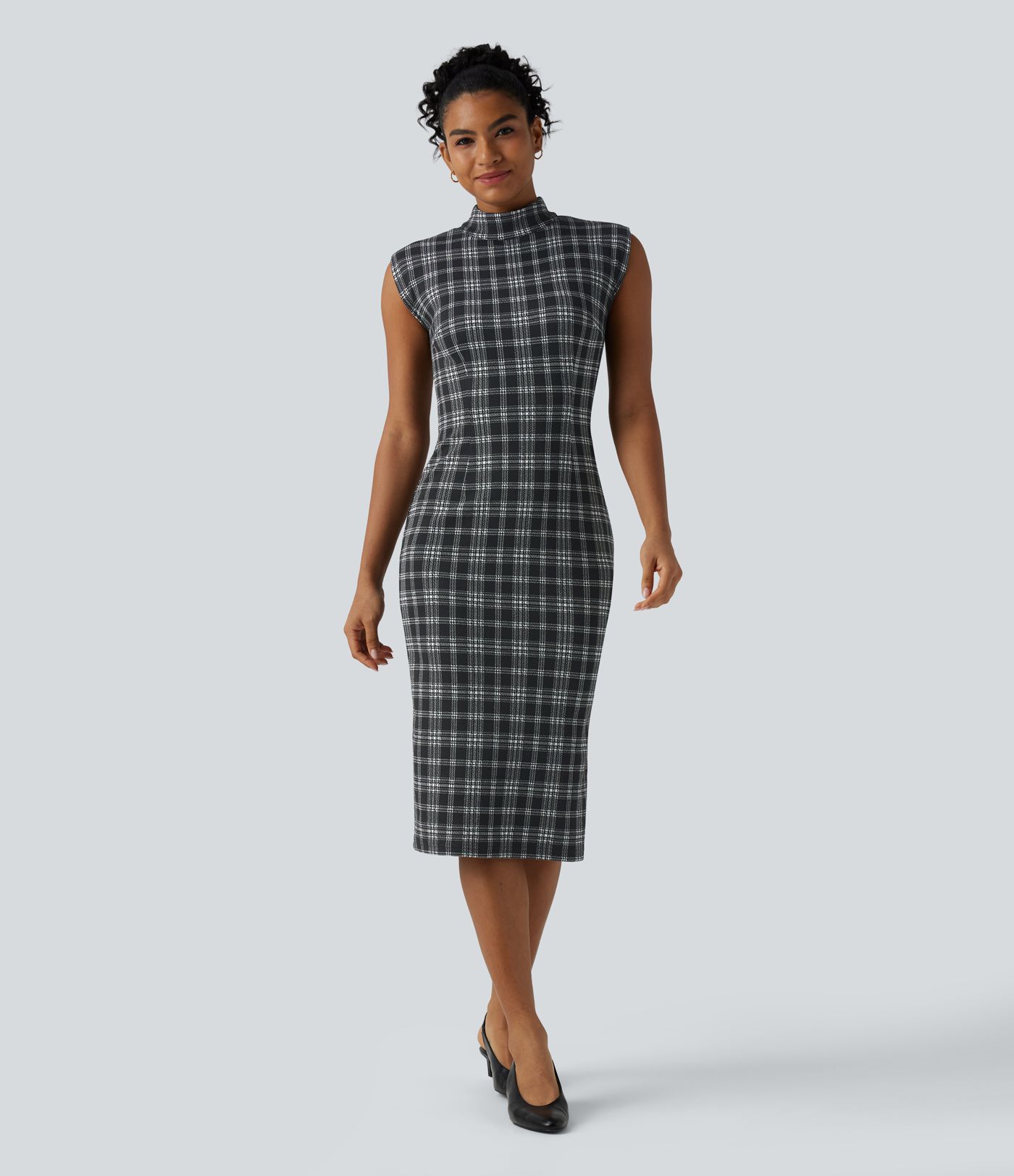 High Neck Sleeveless Bodycon Houndstooth Plaid Midi Work Dress