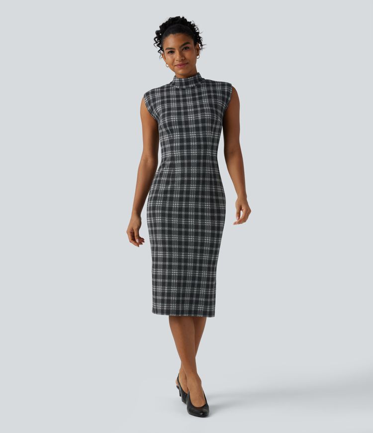 High Neck Sleeveless Bodycon Houndstooth Plaid Midi Work Dress