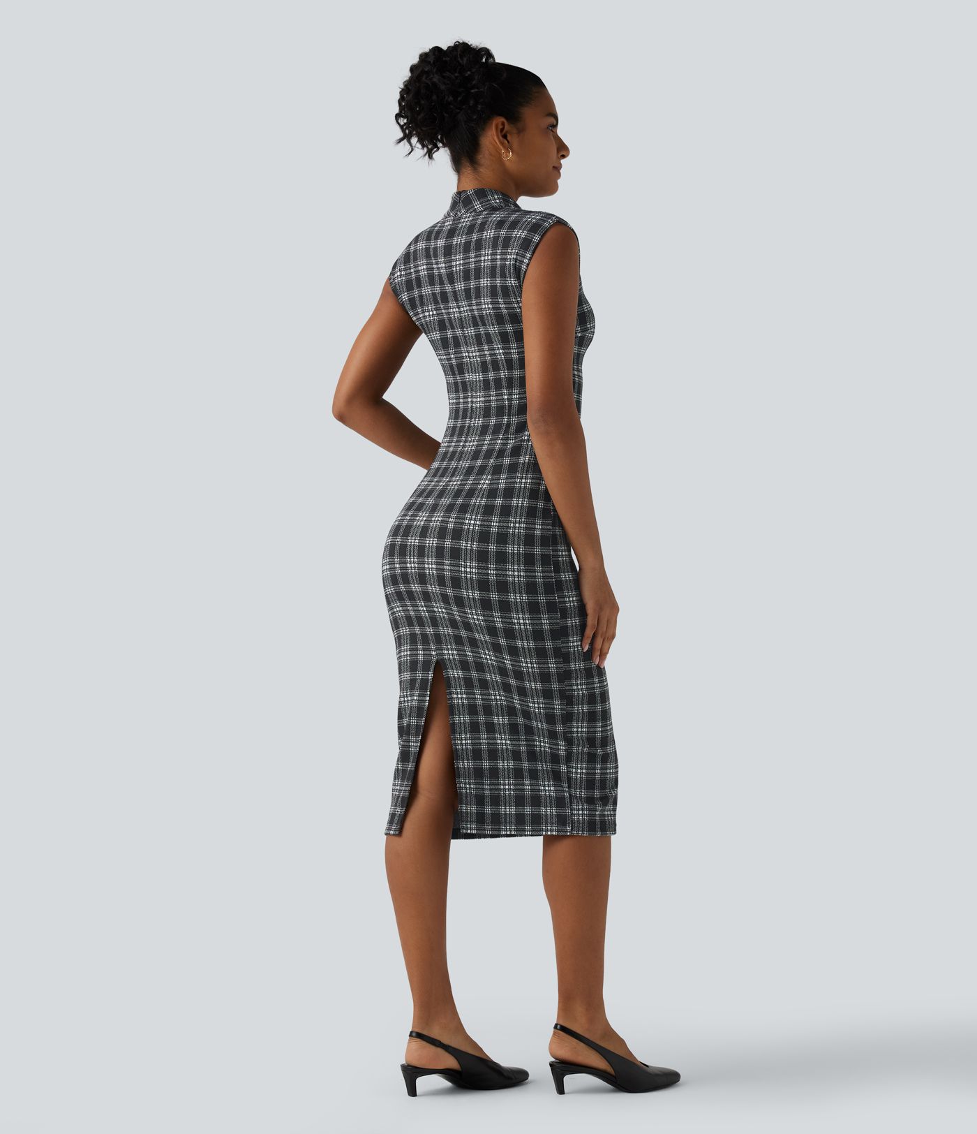 High Neck Sleeveless Bodycon Houndstooth Plaid Midi Work Dress