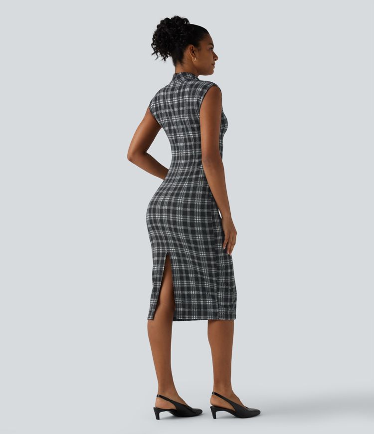 High Neck Sleeveless Bodycon Houndstooth Plaid Midi Work Dress
