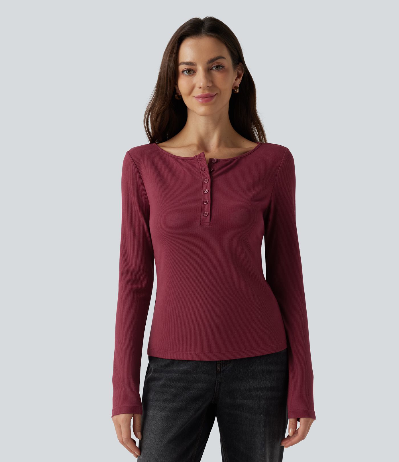Ribbed Knit Boat Henley Neck Long Sleeve Casual Top