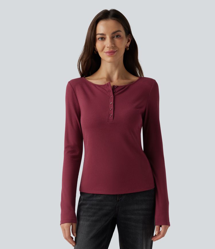 Ribbed Knit Boat Henley Neck Long Sleeve Casual Top