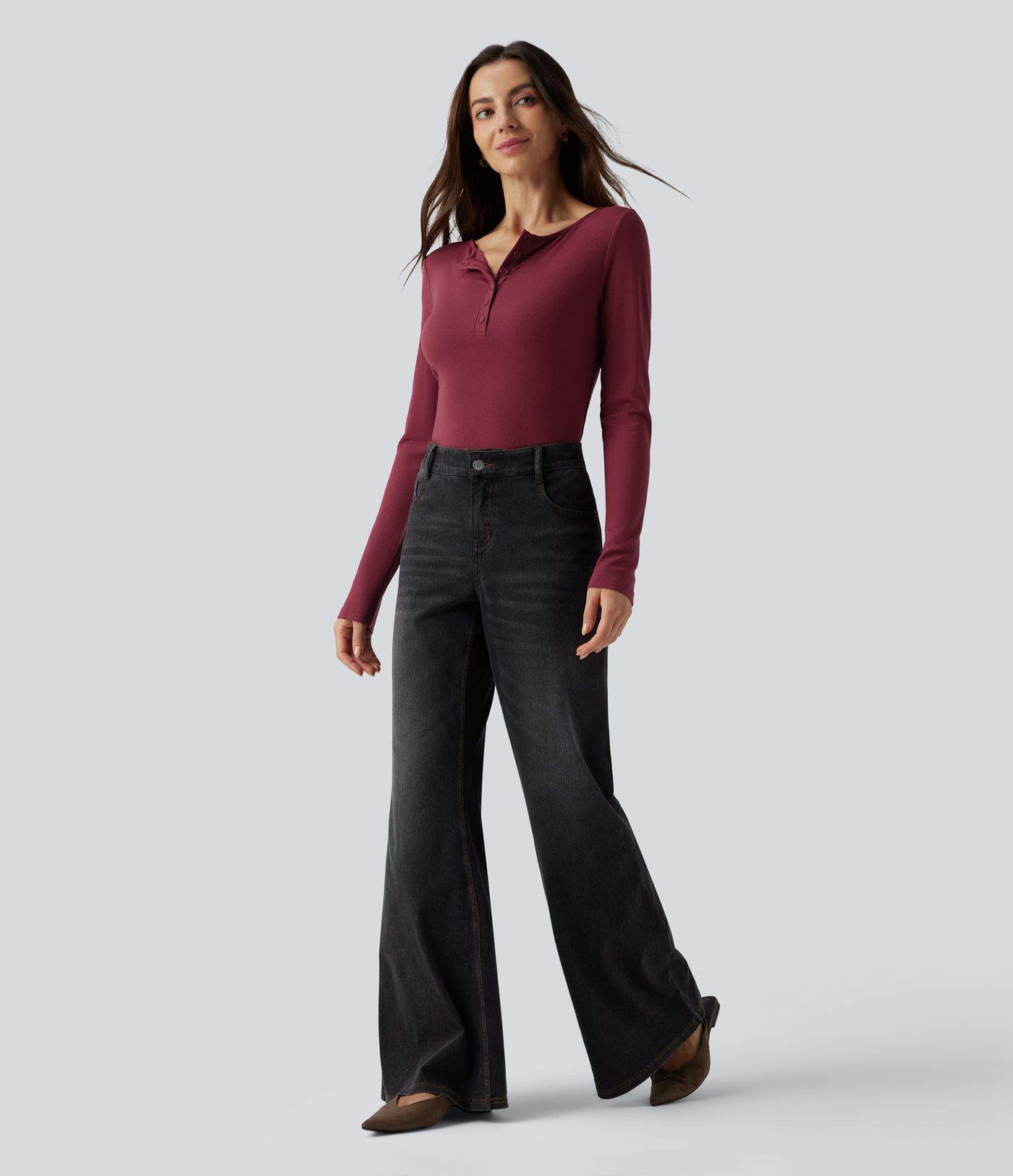 Ribbed Knit Boat Henley Neck Long Sleeve Casual Top