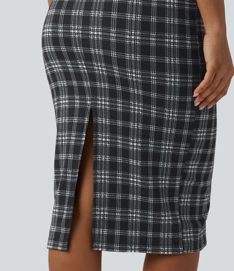 High Neck Sleeveless Bodycon Houndstooth Plaid Midi Work Dress