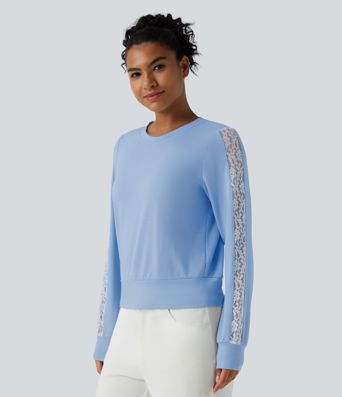 Round Neck Long Sleeve Contrast Lace Casual Sweatshirt