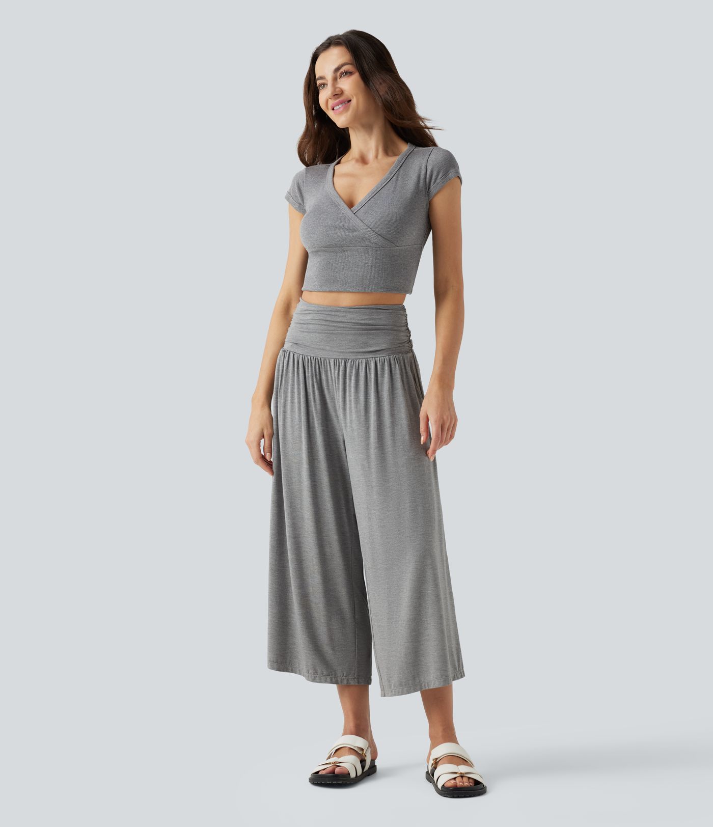 High Waisted Ruched Wide Leg Cropped Casual Trousers with Pockets