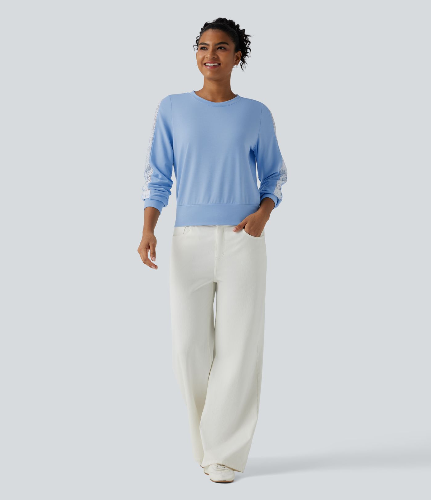 Round Neck Long Sleeve Contrast Lace Casual Sweatshirt