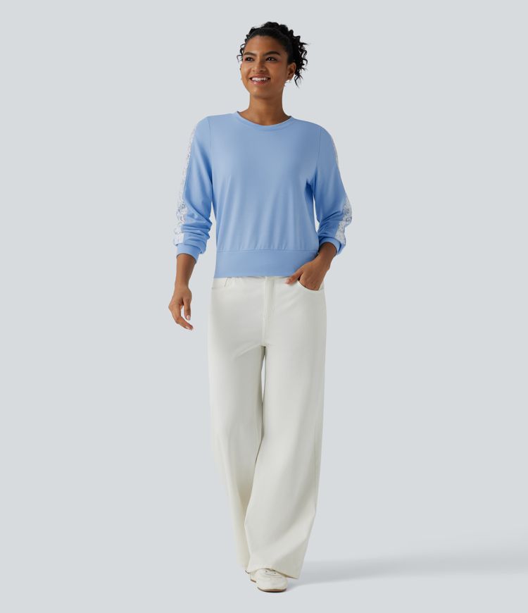 Round Neck Long Sleeve Contrast Lace Casual Sweatshirt