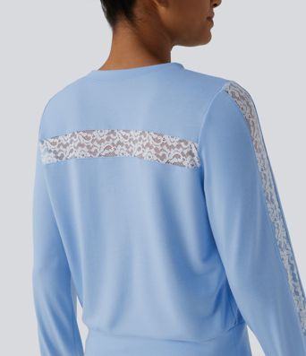 Round Neck Long Sleeve Contrast Lace Casual Sweatshirt