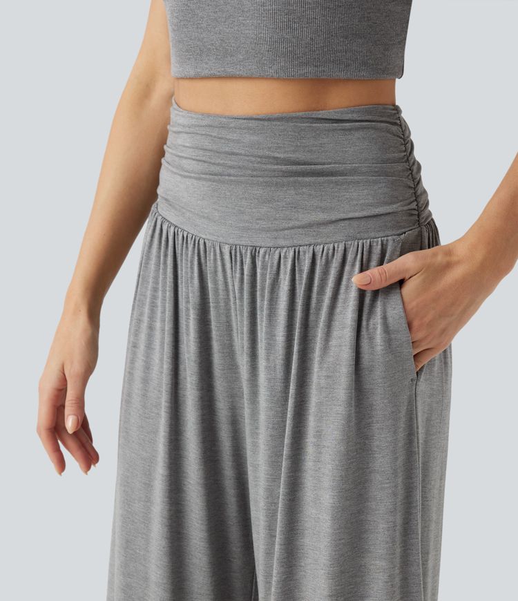 High Waisted Ruched Wide Leg Cropped Casual Trousers with Pockets