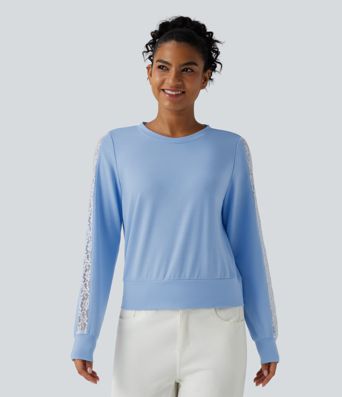 Round Neck Long Sleeve Contrast Lace Casual Sweatshirt