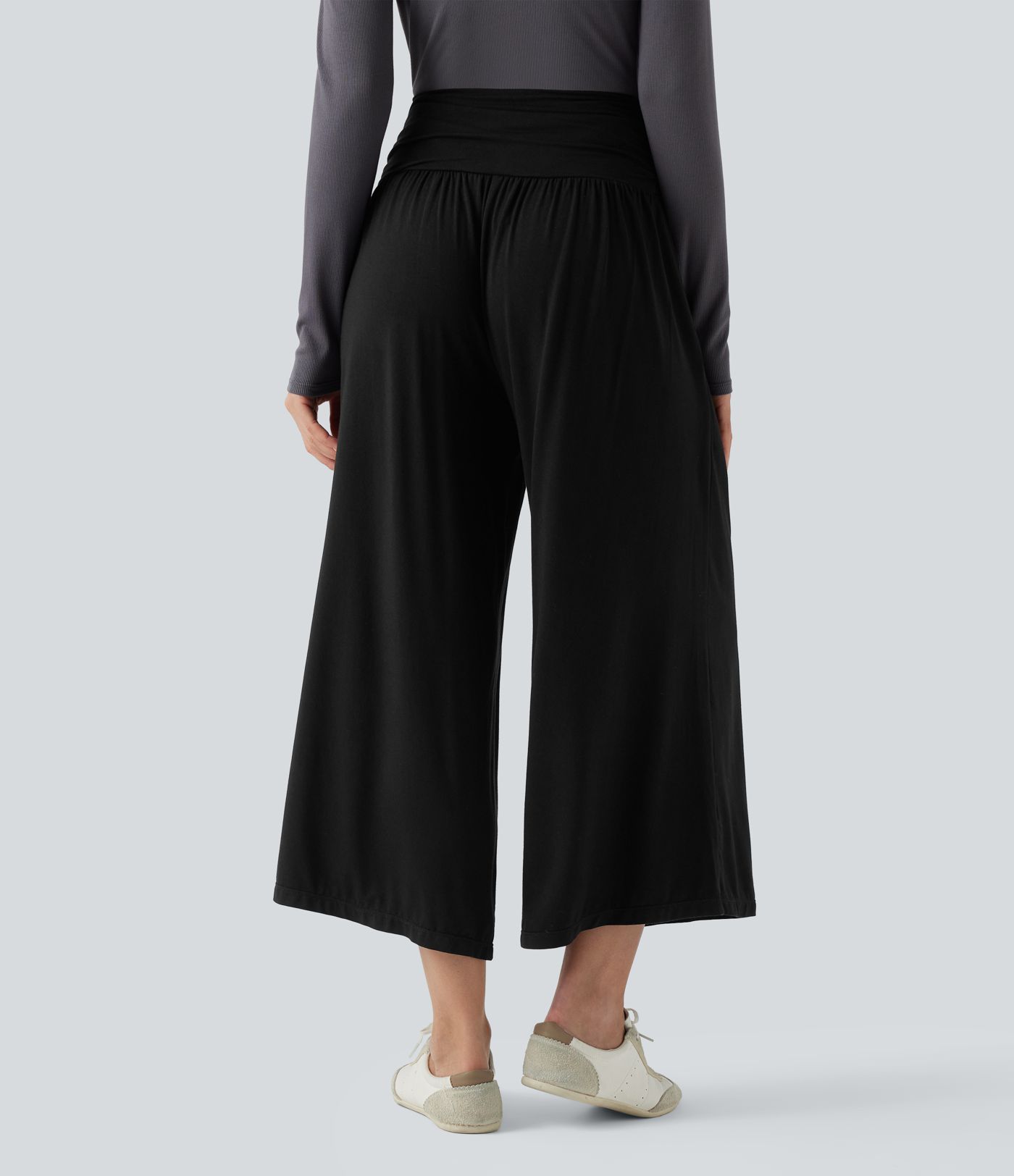High Waisted Ruched Wide Leg Cropped Casual Trousers with Pockets