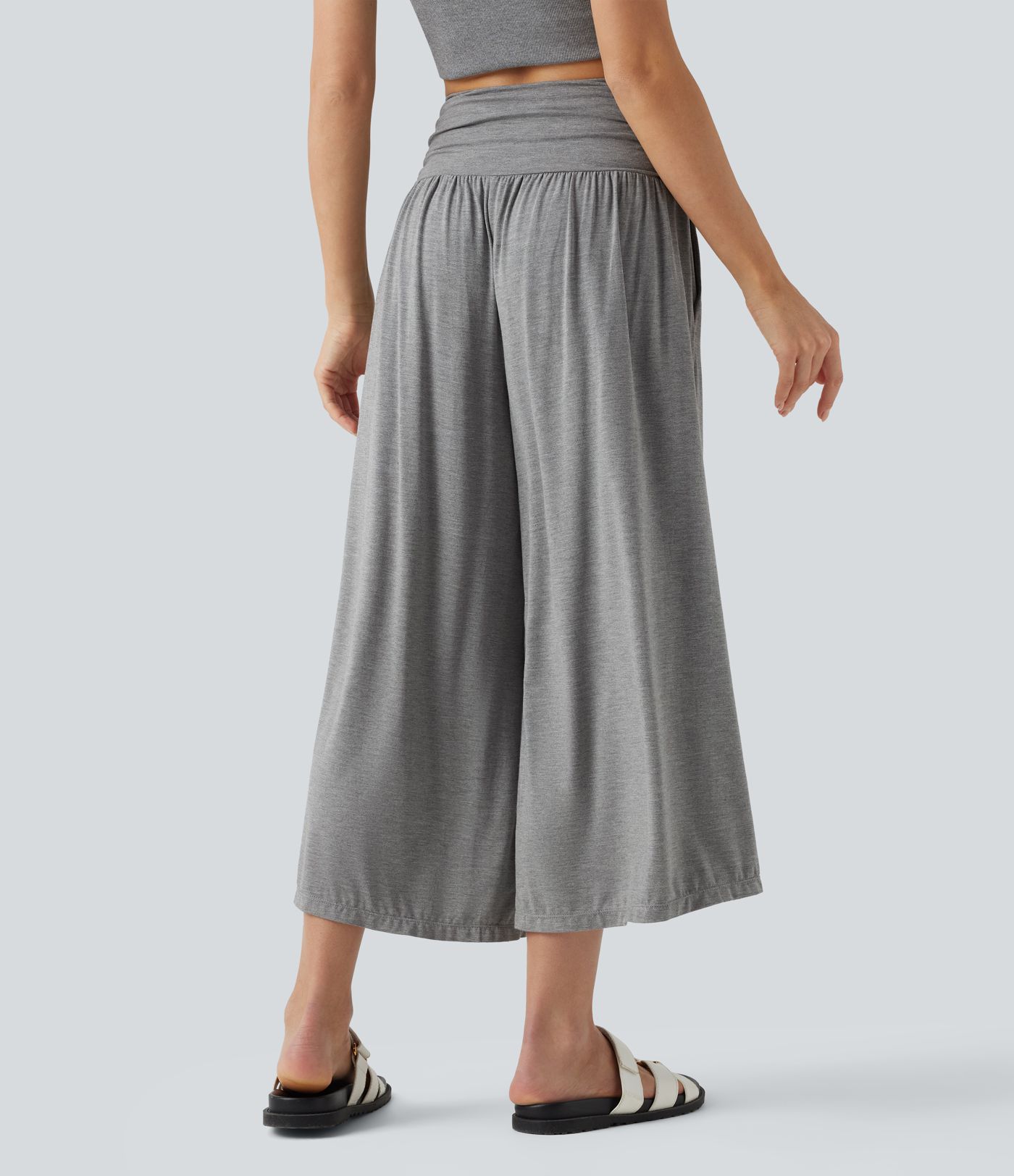 High Waisted Ruched Wide Leg Cropped Casual Trousers with Pockets