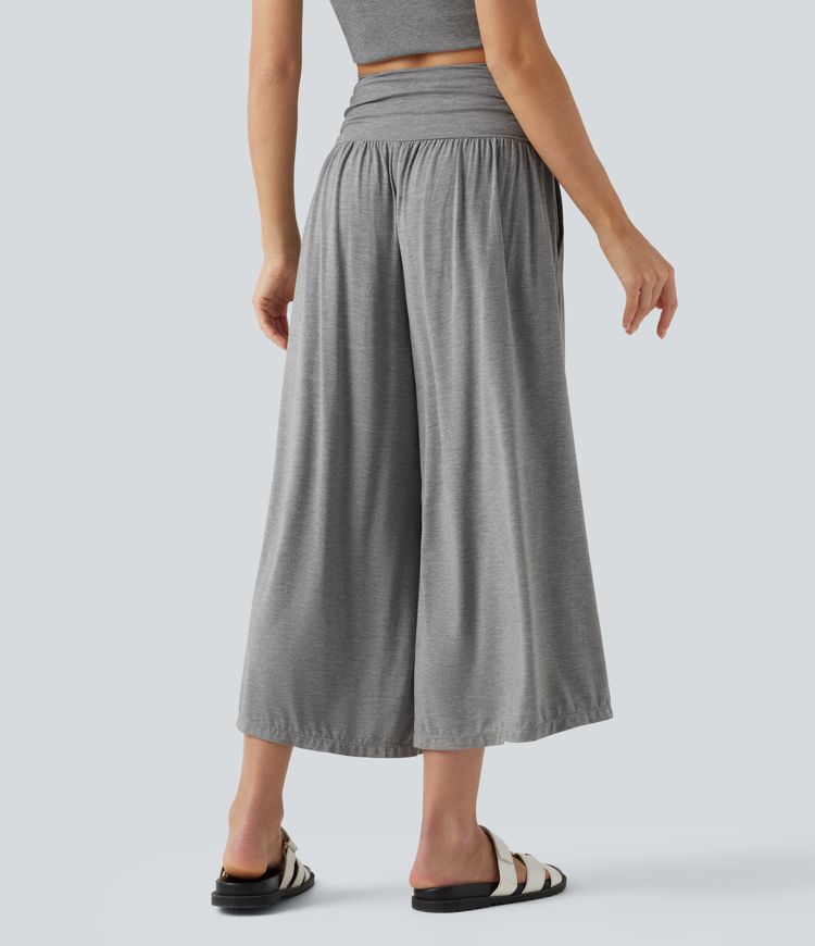 High Waisted Ruched Wide Leg Cropped Casual Trousers with Pockets