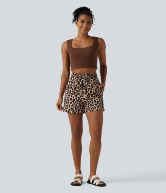 High Waisted Drawstring Leopard Print Casual Shorts with Pockets