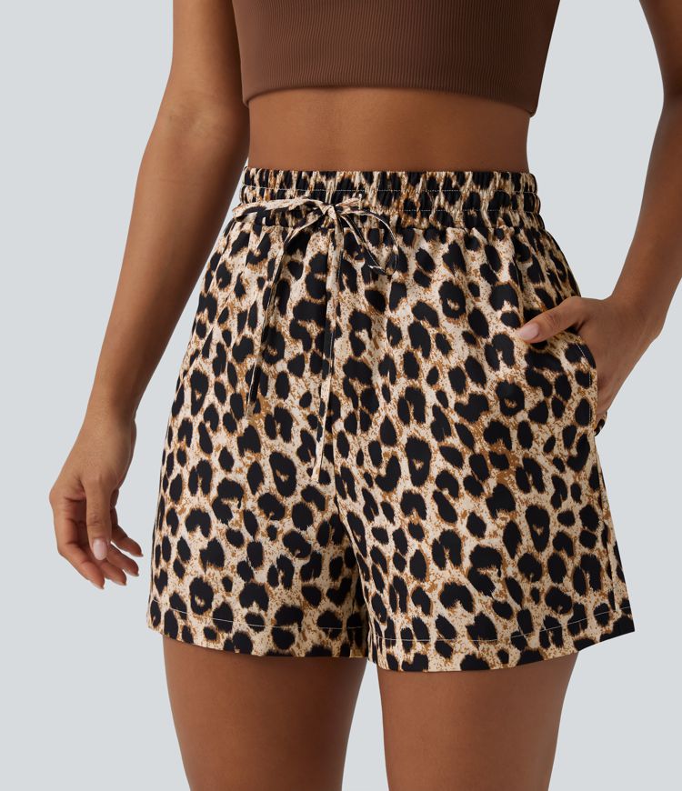 High Waisted Drawstring Leopard Print Casual Shorts with Pockets