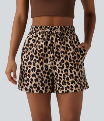 High Waisted Drawstring Leopard Print Casual Shorts with Pockets