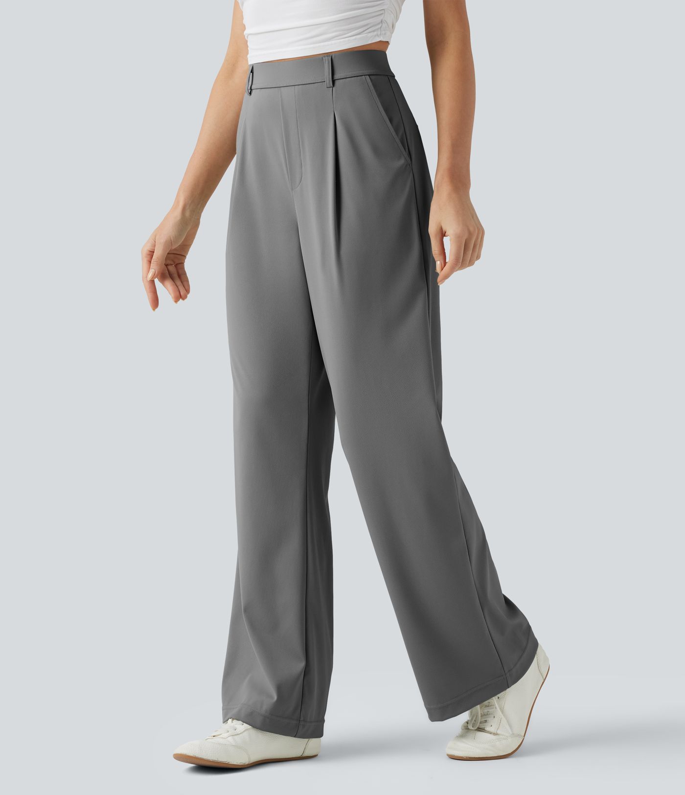 High Waisted Wide Leg Quick Dry Stretch Pocket  Suit Work Pants with Pockets-UPF40+