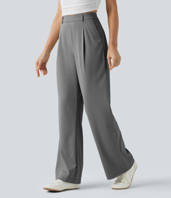 High Waisted Wide Leg Quick Dry Stretch Pocket  Suit Work Pants with Pockets-UPF40+