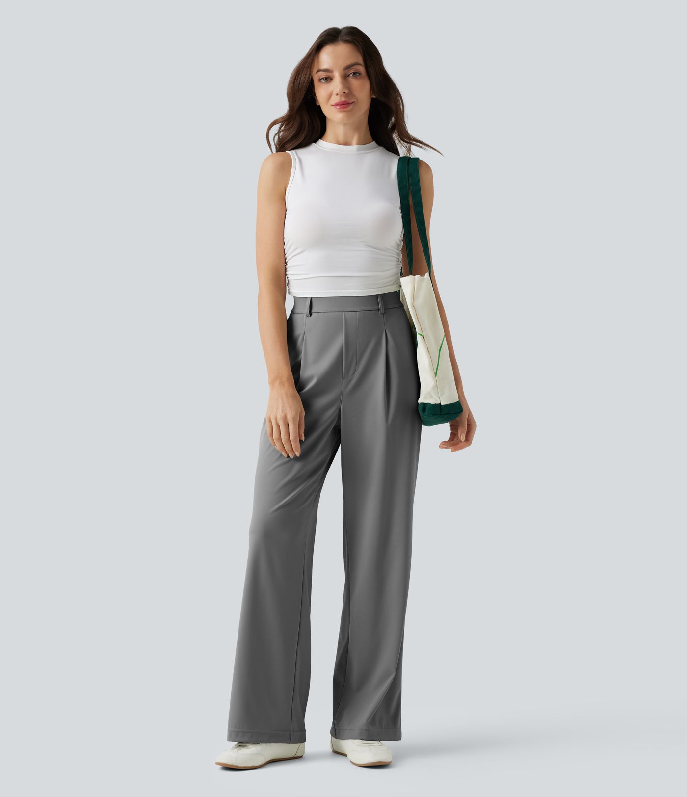 High Waisted Wide Leg Quick Dry Stretch Pocket  Suit Work Pants with Pockets-UPF40+