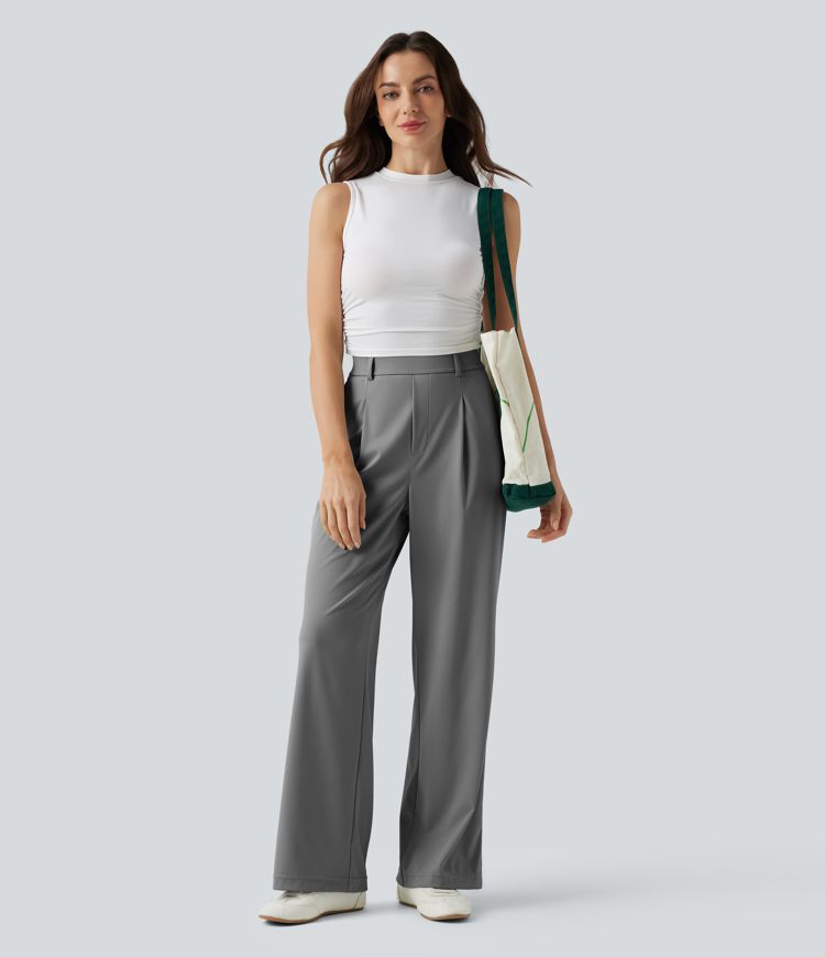 High Waisted Wide Leg Quick Dry Stretch Pocket  Suit Work Pants with Pockets-UPF40+