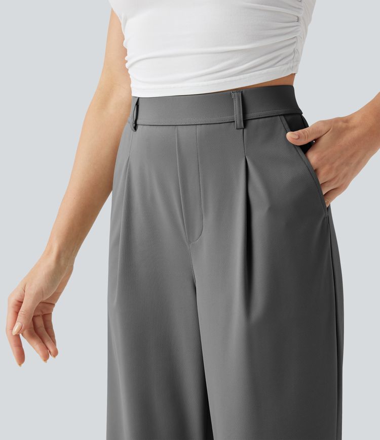High Waisted Wide Leg Quick Dry Stretch Pocket  Suit Work Pants with Pockets-UPF40+