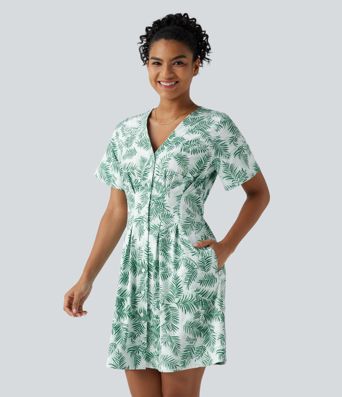 V Neck Half Sleeve Floral Print Mini Casual Dress with Pockets
