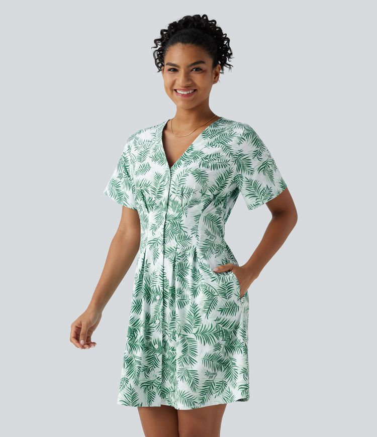 V Neck Half Sleeve Floral Print Mini Casual Dress with Pockets