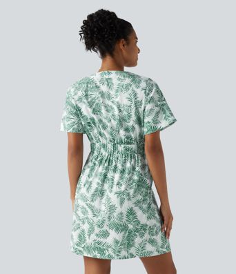 V Neck Half Sleeve Floral Print Mini Casual Dress with Pockets