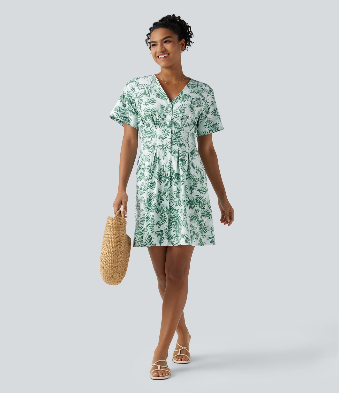 V Neck Half Sleeve Floral Print Mini Casual Dress with Pockets