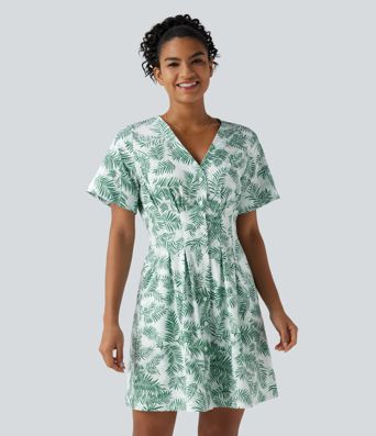 V Neck Half Sleeve Floral Print Mini Casual Dress with Pockets