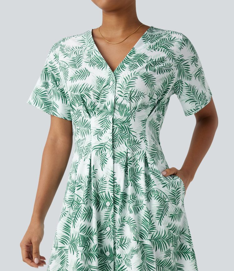 V Neck Half Sleeve Floral Print Mini Casual Dress with Pockets
