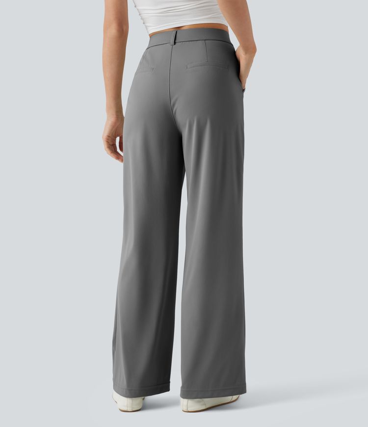High Waisted Wide Leg Quick Dry Stretch Pocket  Suit Work Pants with Pockets-UPF40+